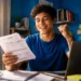 Estudante segura documentos de financiamento estudantil em ambiente de estudos, representando a renegociação de dívida do Fies pelo Desenrola Fies.
