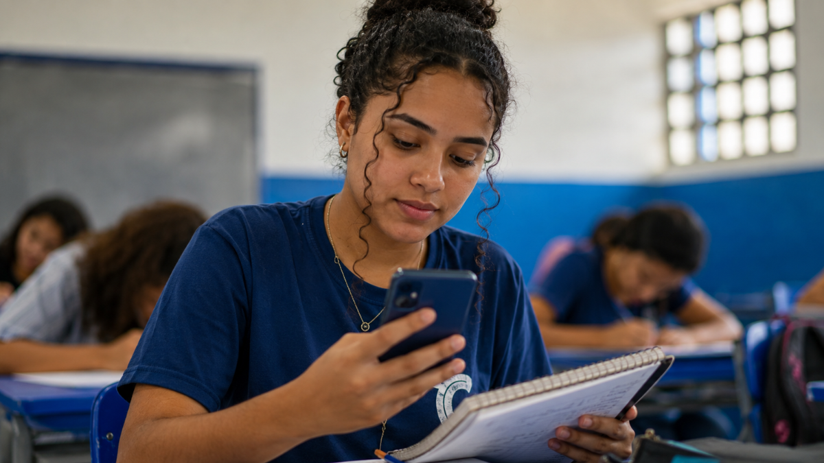 Estudante consulta o celular em sala de aula enquanto aguarda o resultado do Encceja 2026.