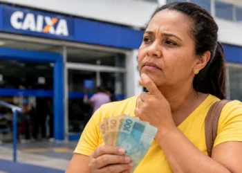 Mulher segura notas de real em frente a uma agência da Caixa, representando os rumores sobre um possível valor de R$ 1.200 para o Bolsa Família em 2027.