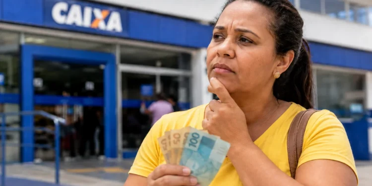 Mulher segura notas de real em frente a uma agência da Caixa, representando os rumores sobre um possível valor de R$ 1.200 para o Bolsa Família em 2027.