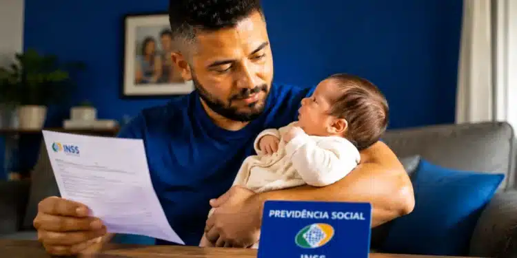 Pai segura bebê recém-nascido enquanto consulta documento relacionado ao INSS sobre salário-maternidade.