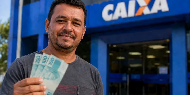 Trabalhador segura cédulas em frente a uma agência da Caixa, representando o fim do período de saque-aniversário do FGTS para os nascidos em junho.