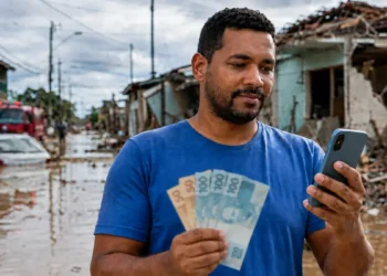 Pessoa consulta o celular e segura dinheiro em área atingida por enchente durante situação de calamidade relacionada ao Saque Calamidade do FGTS.