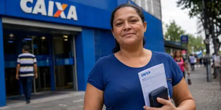 Mulher segura documentos em frente a uma agência da Caixa, representando a liberação do Saque Calamidade do FGTS em São Paulo.