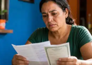 Mulher brasileira analisando documentos sobre benefício de aposentado falecido e orientações do INSS para familiares