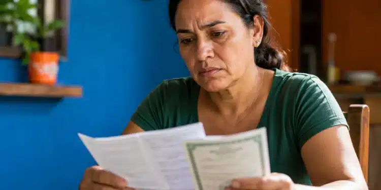 Mulher brasileira analisando documentos sobre benefício de aposentado falecido e orientações do INSS para familiares
