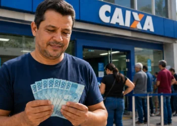 Homem segura notas de R$ 100 em frente a uma agência da Caixa, representando o saque do FGTS de R$ 6.220 a partir de 14 de agosto.