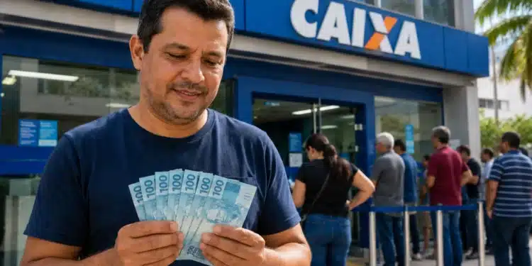 Homem segura notas de R$ 100 em frente a uma agência da Caixa, representando o saque do FGTS de R$ 6.220 a partir de 14 de agosto.
