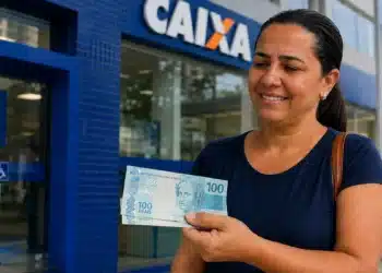 Mulher segura cédulas em frente a uma agência da Caixa, representando a solicitação do saque de R$ 6.220 do FGTS.
