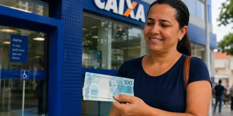 Mulher segura cédulas em frente a uma agência da Caixa, representando a solicitação do saque de R$ 6.220 do FGTS.
