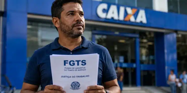 Trabalhador segura documento sobre FGTS em frente a uma agência da Caixa, representando ações judiciais para solicitar o saque do Fundo de Garantia.