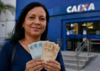 Mulher segura cédulas em frente a uma agência da Caixa, representando a liberação do saque do FGTS de até R$ 6,2 mil para moradores de 19 cidades.
