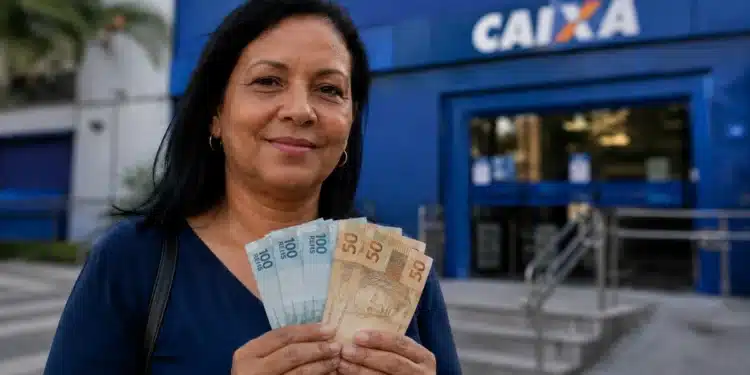 Mulher segura cédulas em frente a uma agência da Caixa, representando a liberação do saque do FGTS de até R$ 6,2 mil para moradores de 19 cidades.