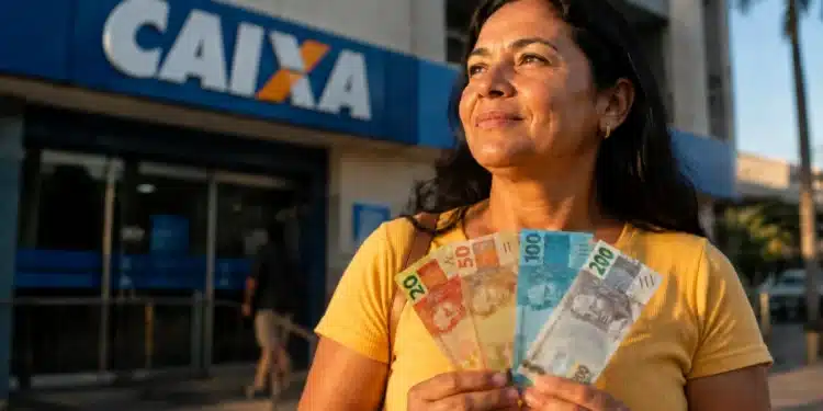 Mulher segurando notas de real em frente a uma agência da Caixa para representar o saque do FGTS de até R$ 6.220 destinado a moradores de RS, MG e SP