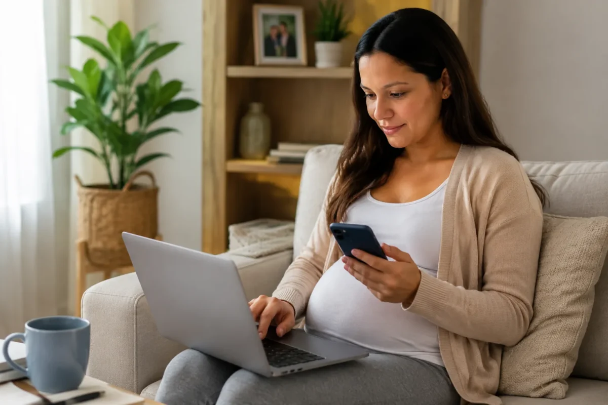 Gestante solicita o salário-maternidade do INSS usando computador e celular em casa.