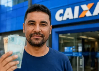 Homem segura dinheiro em frente a uma agência da Caixa representando o saque de R$ 6.220 do FGTS.
