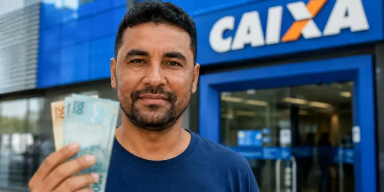 Homem segura dinheiro em frente a uma agência da Caixa representando o saque de R$ 6.220 do FGTS.