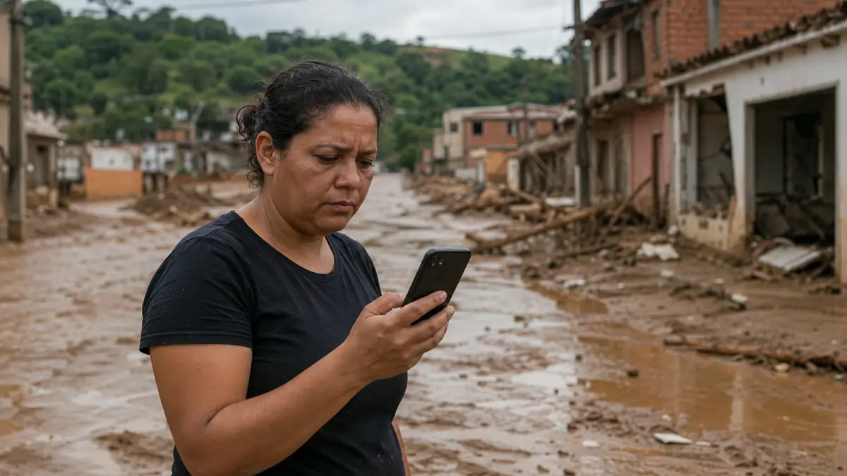 Trabalhadora consulta o aplicativo FGTS pelo celular em área afetada por enchente, representando a solicitação do Saque Calamidade.