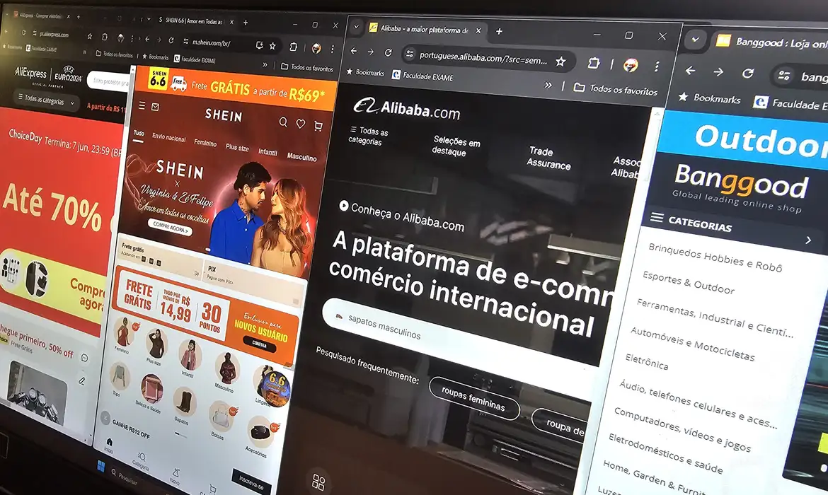 Consumidores acessam plataformas de compras internacionais como Shein e Alibaba após mudança no Imposto de Importação para compras de pequeno valor.