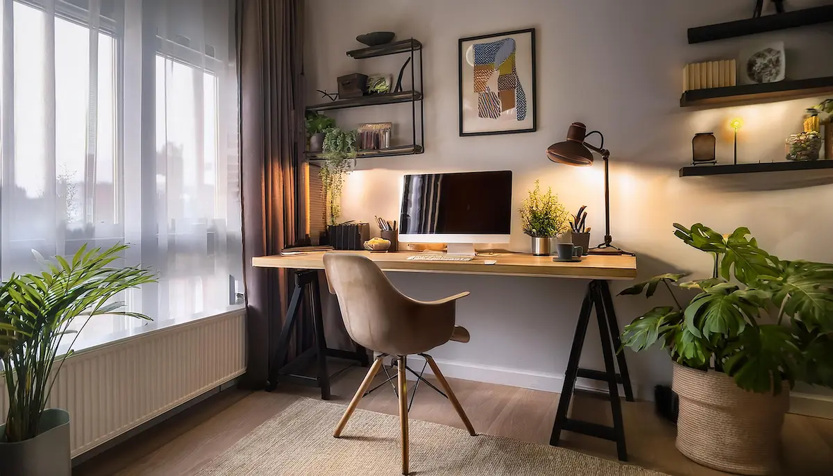 Ambiente de home office com computador, mesa e equipamentos usados no teletrabalho.