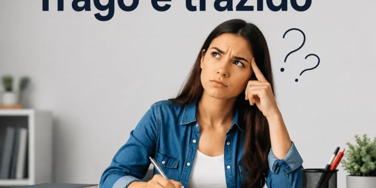 Pessoa estudando e escrevendo em caderno com expressão de dúvida sobre o uso das palavras “trago” e “trazido” na língua portuguesa.