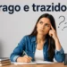 Pessoa estudando e escrevendo em caderno com expressão de dúvida sobre o uso das palavras “trago” e “trazido” na língua portuguesa.
