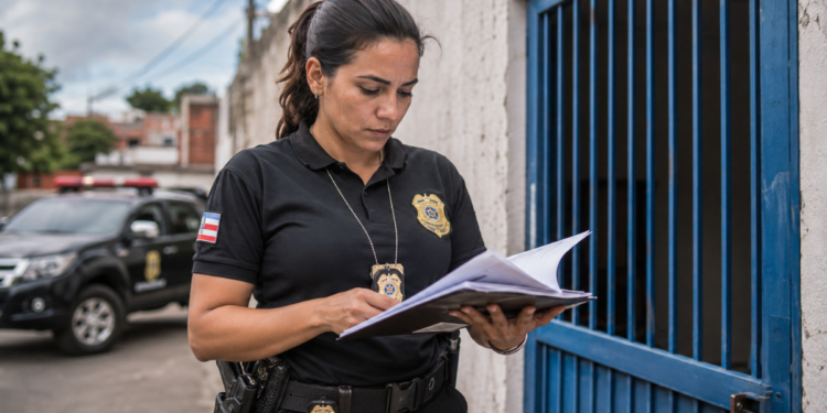 Investigadora da Polícia Civil analisa documentos durante atividade externa, representando as 500 vagas oferecidas no concurso da PC-BA.
