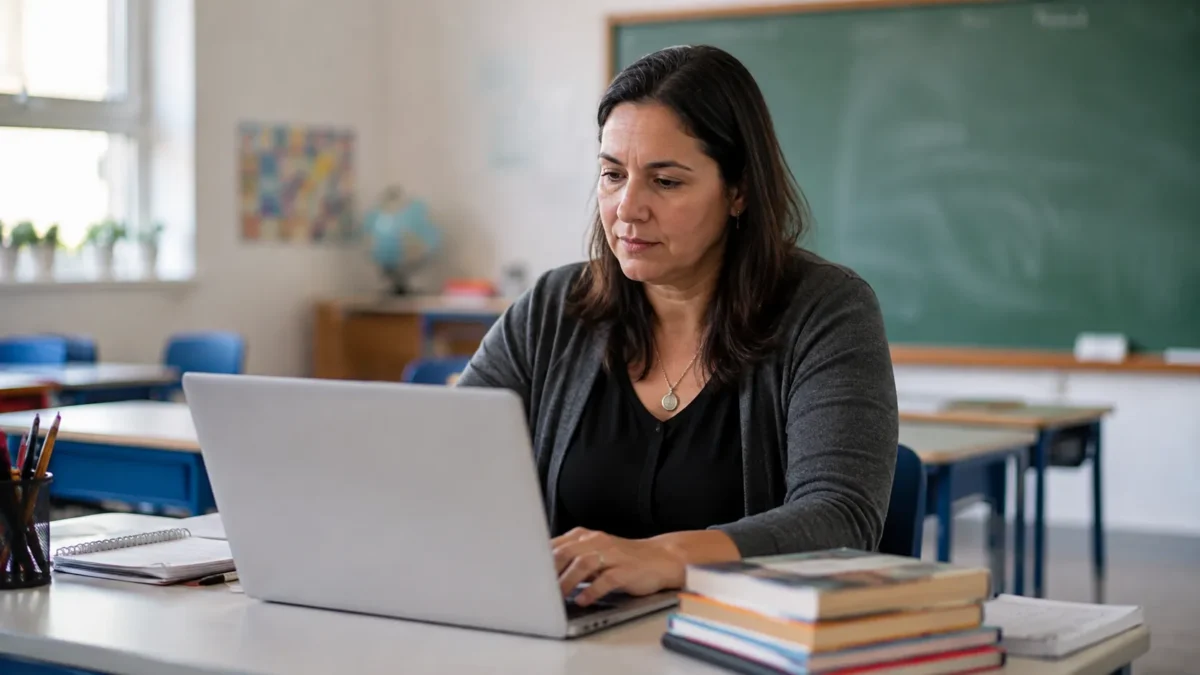Professora utilizando notebook em sala de aula com livros sobre a mesa, representando os cursos de mestrado.