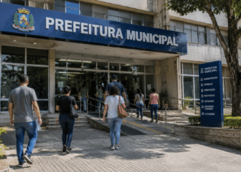Pessoas entrando em prédio de prefeitura municipal, representando concursos públicos e processos seletivos com vagas abertas.