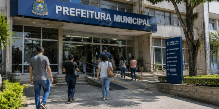 Pessoas entrando em prédio de prefeitura municipal, representando concursos públicos e processos seletivos com vagas abertas.