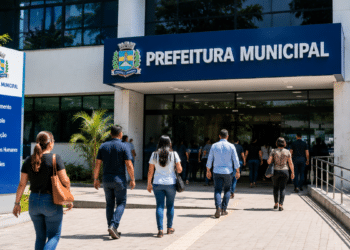 Pessoas chegando à prefeitura municipal durante período de inscrições de concurso e processo seletivo em Santa Catarina.