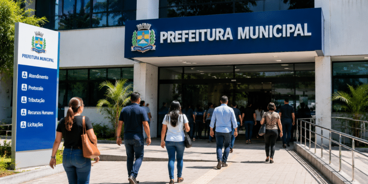 Pessoas chegando à prefeitura municipal durante período de inscrições de concurso e processo seletivo em Santa Catarina.