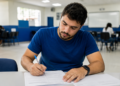 Candidato preenche formulário durante inscrição para concurso público em São Paulo.