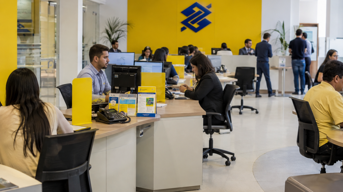 Funcionários trabalhando em agência do Banco do Brasil, ilustrando a situação do concurso previsto para 2027.