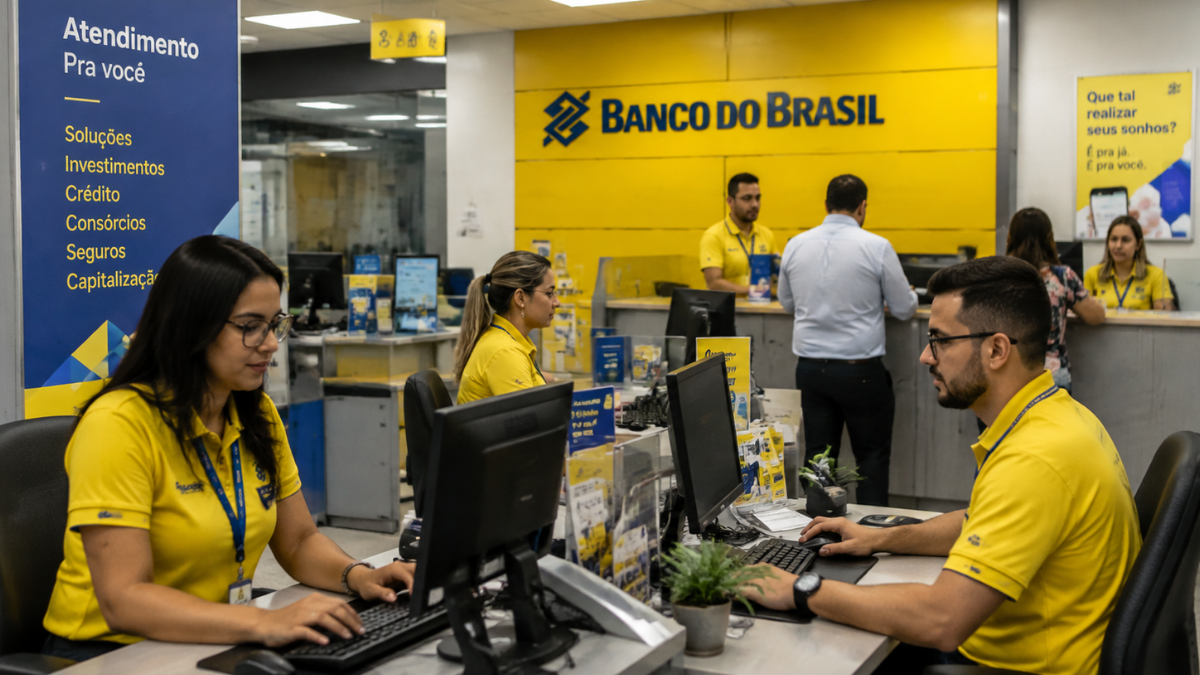 Funcionários do Banco do Brasil realizam atendimento em agência bancária.