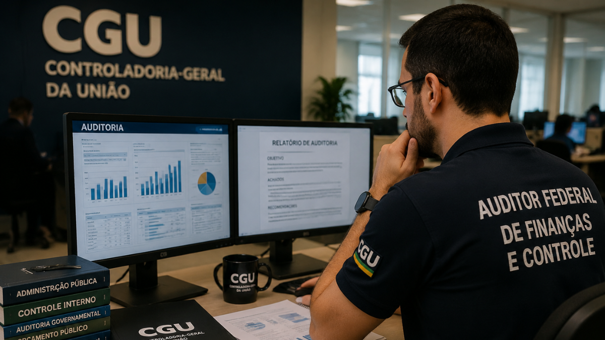 Auditor Federal de Finanças e Controle trabalhando em análise de relatórios na CGU.