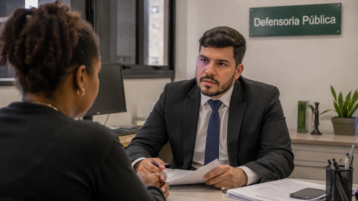 Defensor público em atendimento, representando o concurso DPE RN para defensor substituto.