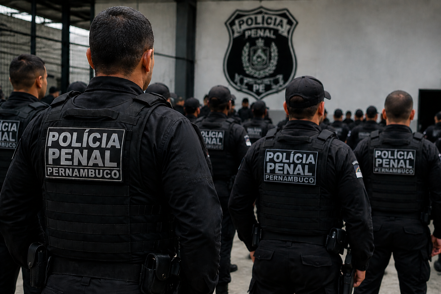 Policiais penais de Pernambuco fardados durante formação em ambiente institucional.