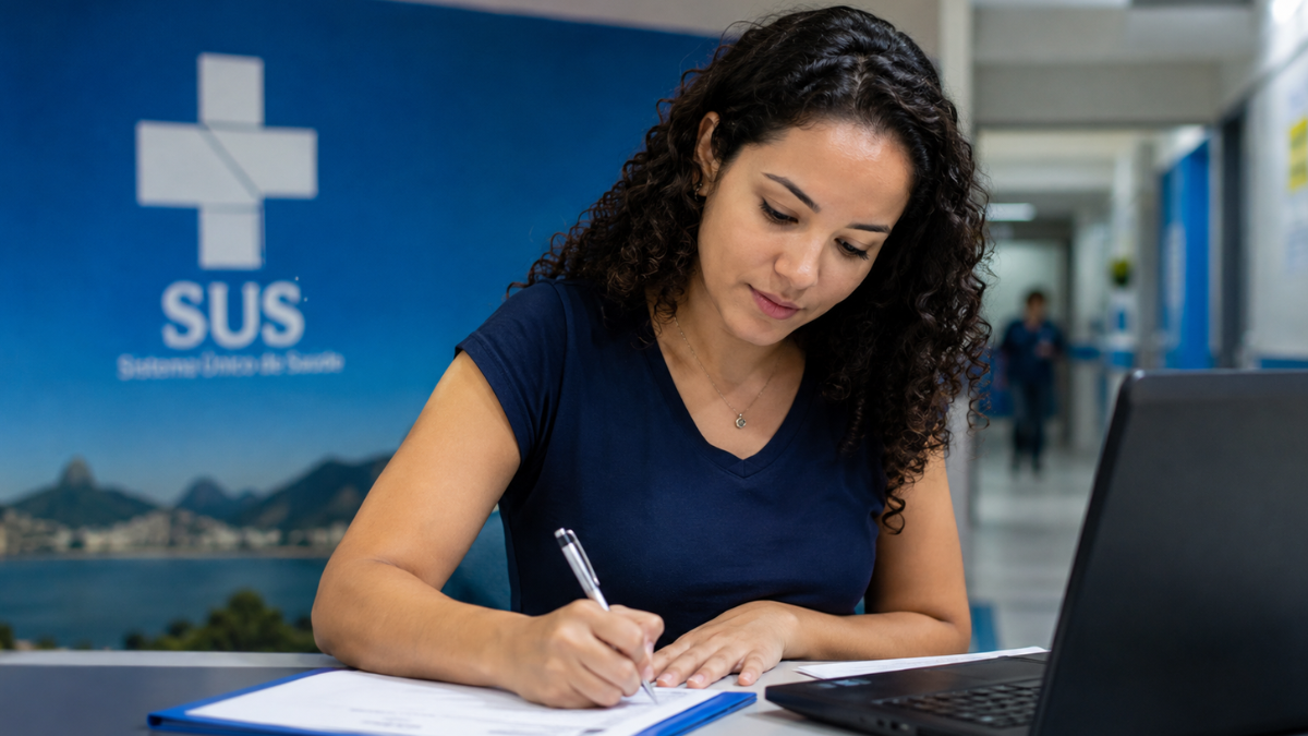 Mulher preenchendo formulário em referência ao concurso SES-RJ 2026 com 287 vagas.