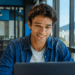 Jovem profissional utilizando notebook em escritório moderno, representando oportunidades de estágio, jovem aprendiz e trainee no Rio de Janeiro.