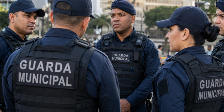 Guardas municipais fardados reunidos em área urbana, representando concursos com vagas em Porto Velho e Aracaju.