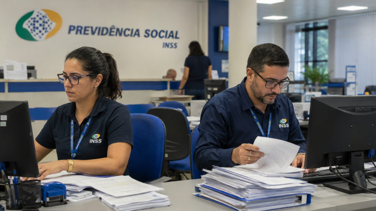 Técnicos e analistas do INSS trabalhando em agência da Previdência Social.