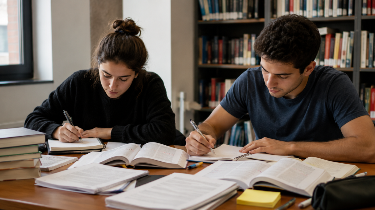 Duas pessoas estudam e fazem anotações em livros e cadernos, representando a preparação para seleções de agentes de saúde em prefeituras de Minas Gerais.