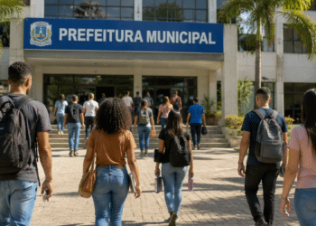 Pessoas se dirigem a uma prefeitura municipal para participar de processo seletivo e concurso público.