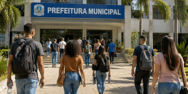 Pessoas se dirigem a uma prefeitura municipal para participar de processo seletivo e concurso público.