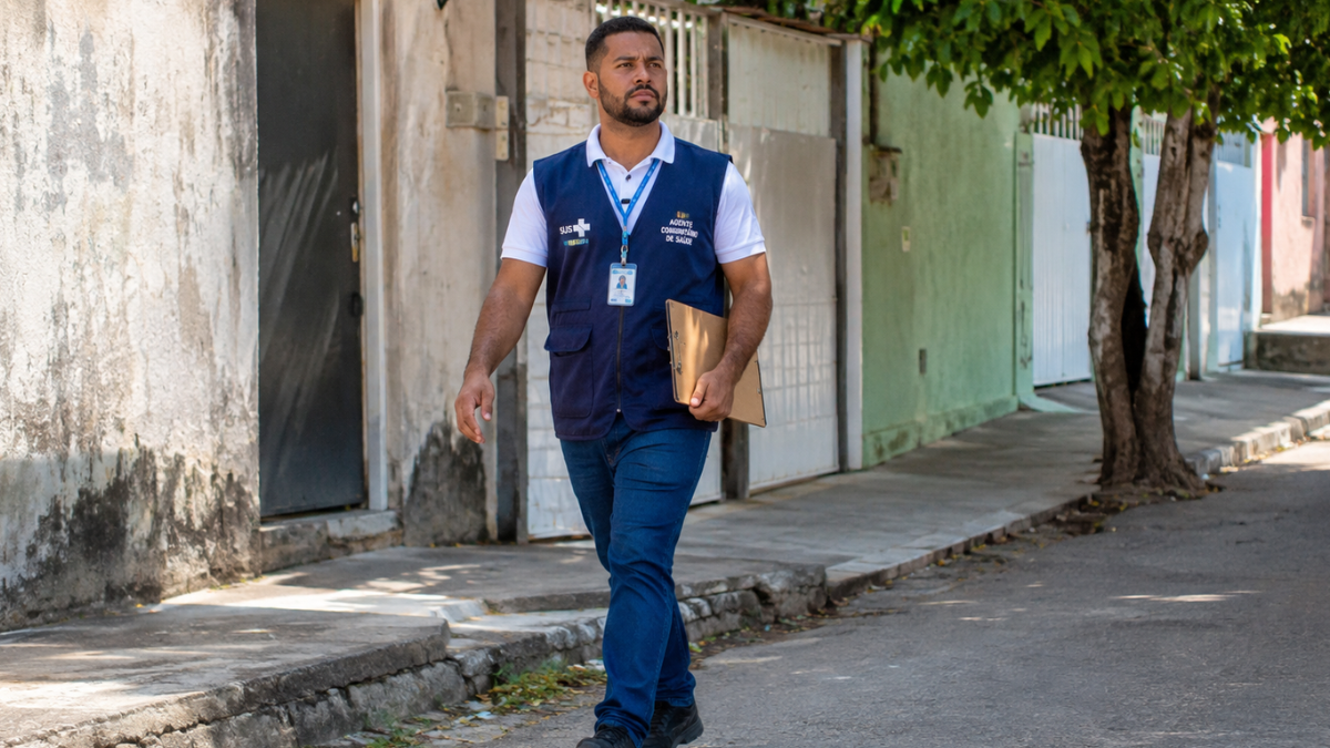 Agente comunitário de saúde caminha por rua de bairro durante atividade profissional.