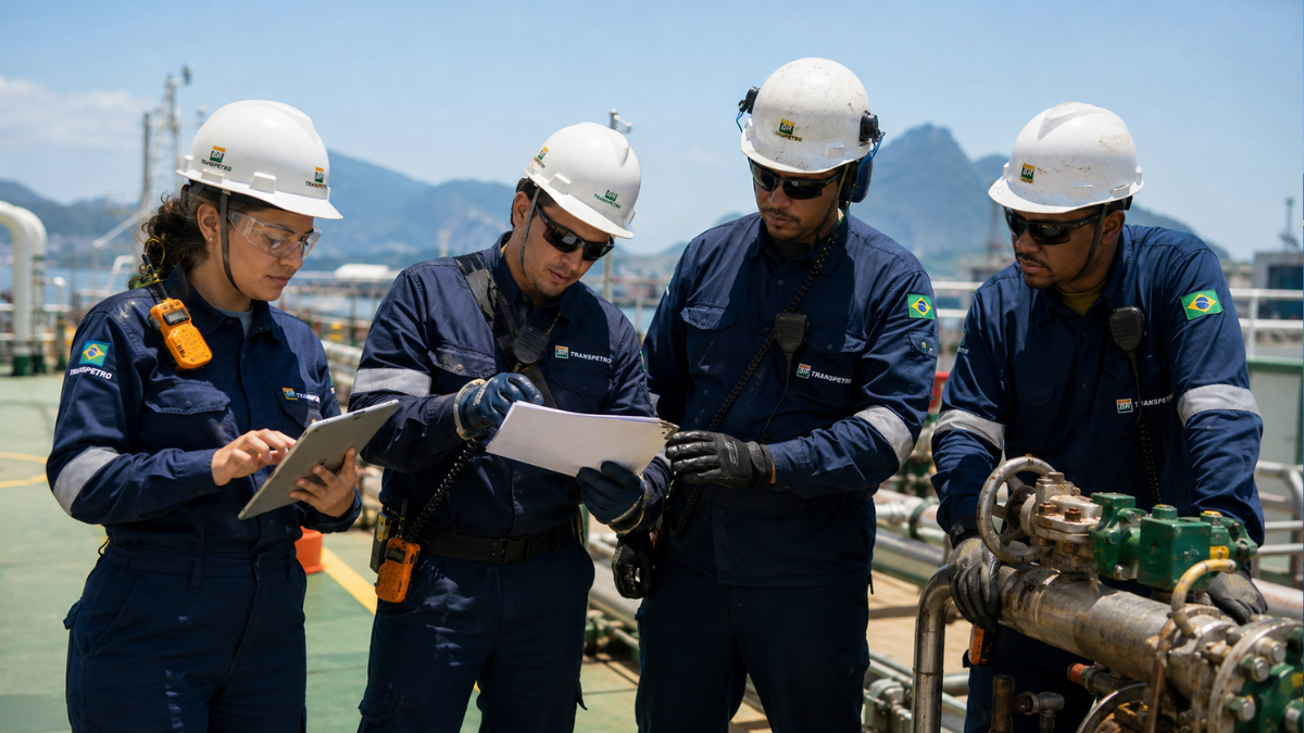 Trabalhadores da Transpetro em atividade operacional com equipamentos de segurança.