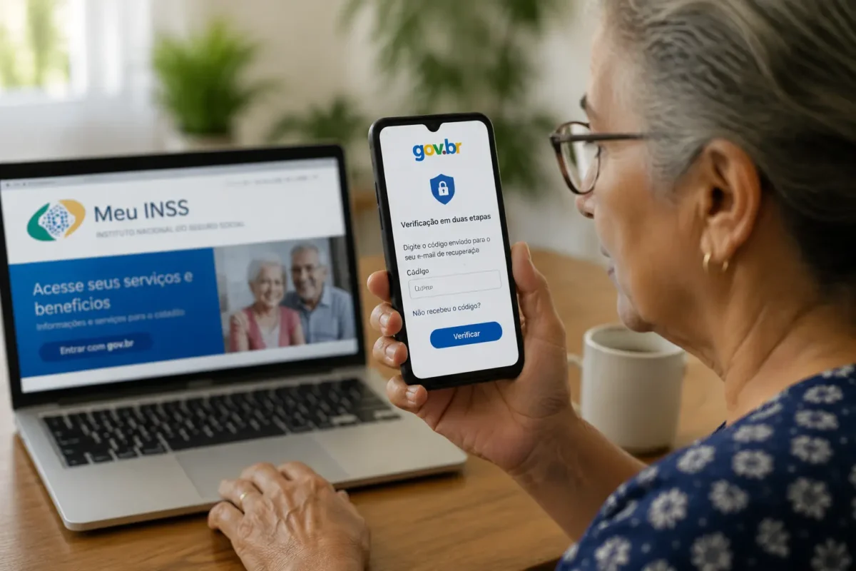 Verificação em duas etapas - Mais segurança na conta gov.br Idosa utilizando celular e computador para acessar conta gov.br com verificação em duas etapas ativada