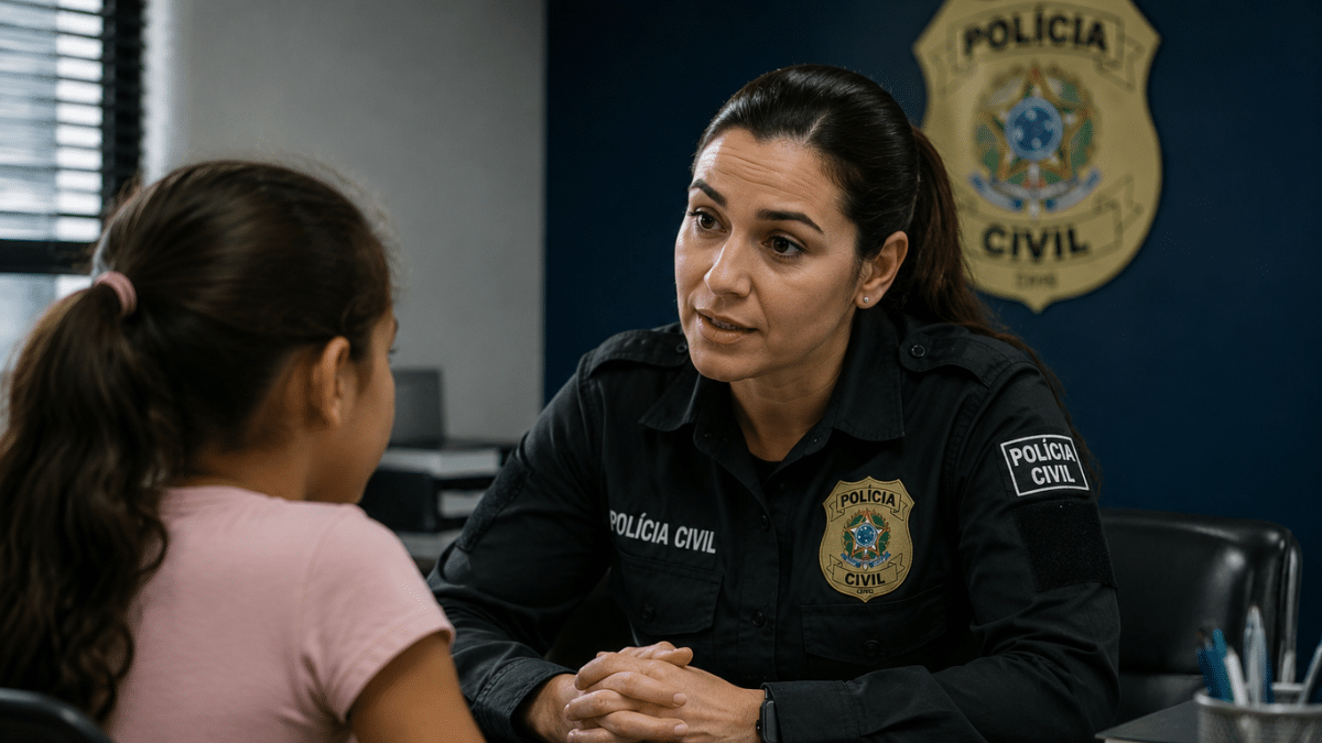 Policial civil conversa com criança em delegacia durante ação de proteção contra crimes digitais e violência infantil.