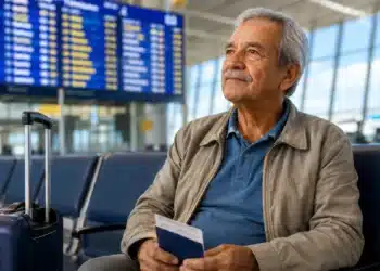 Aposentado do INSS sentado em aeroporto com mala e documentos para viagem médica